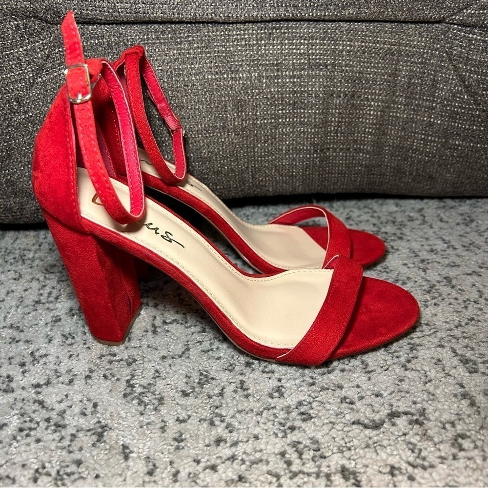 Lulus Red Suede Ankle Strap Heels Size 7.5